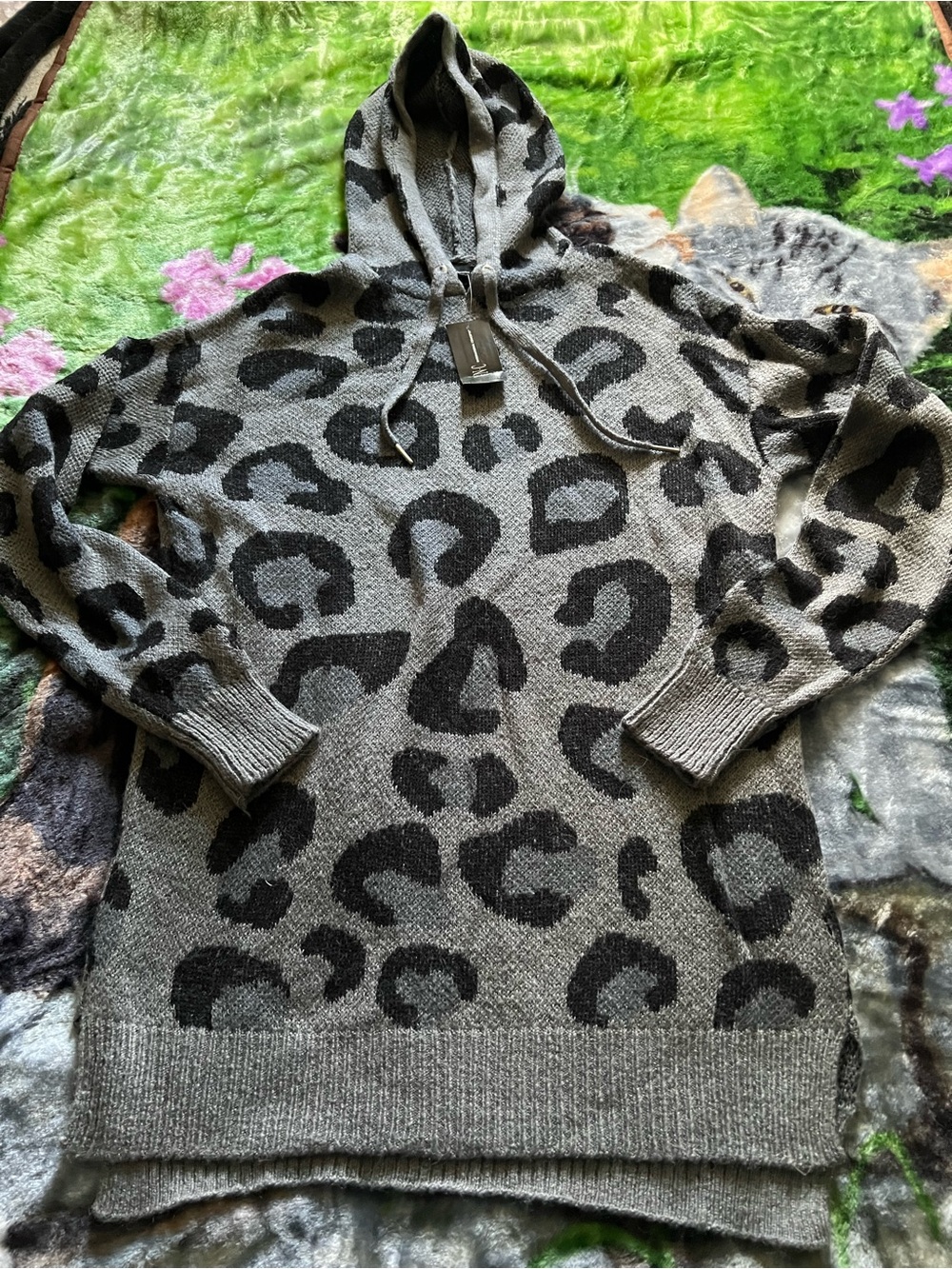 INC International Concepts Gray and Black Leopard Hooded Sweater
